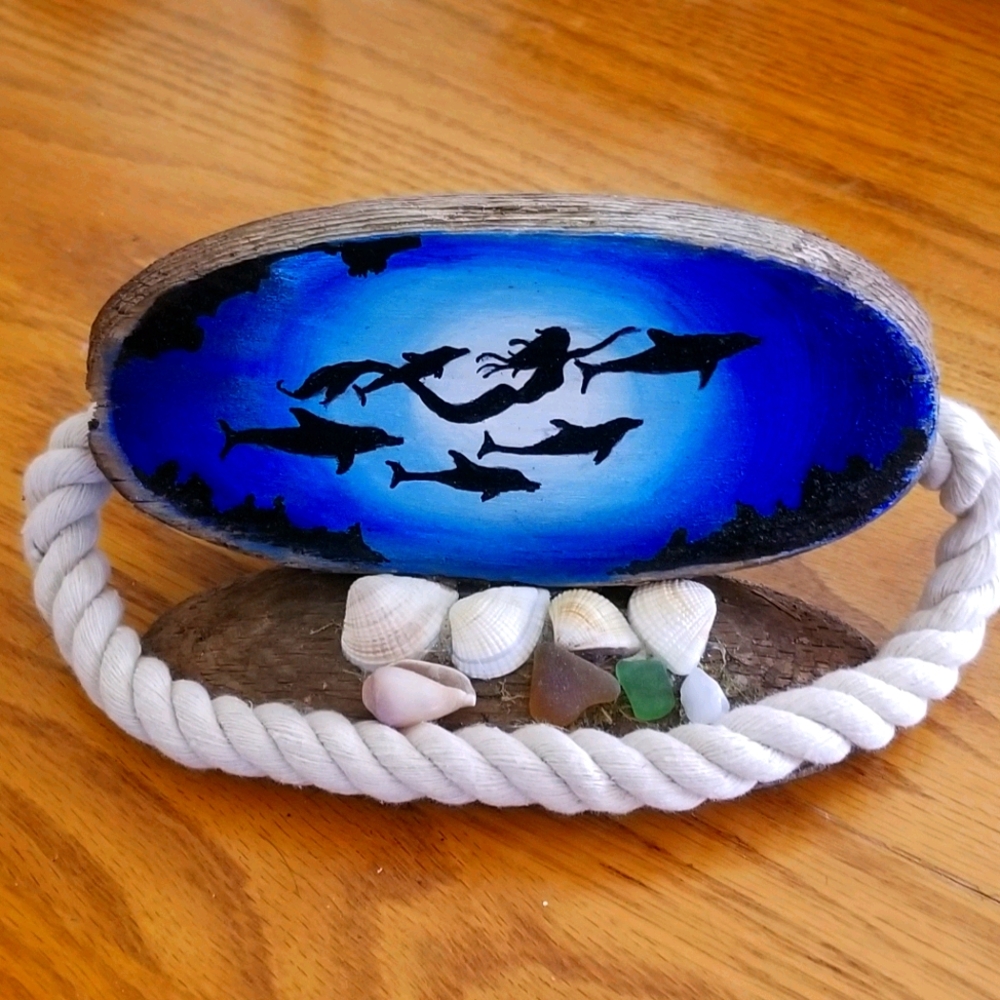 Hand Painted Mermaid with Dolphins Wooden Bouy